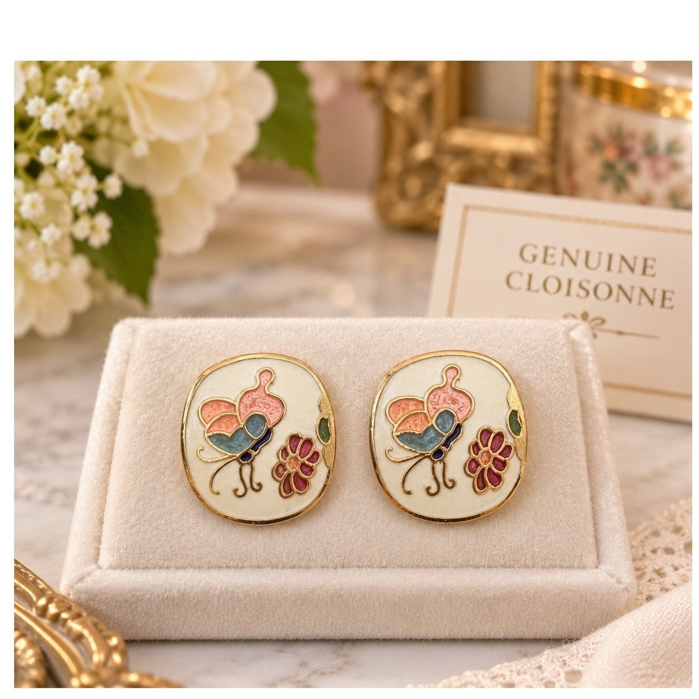 Vintage Cloisonne Butterfly Oval Floral Enamel White Gold Tone Stud Earrings